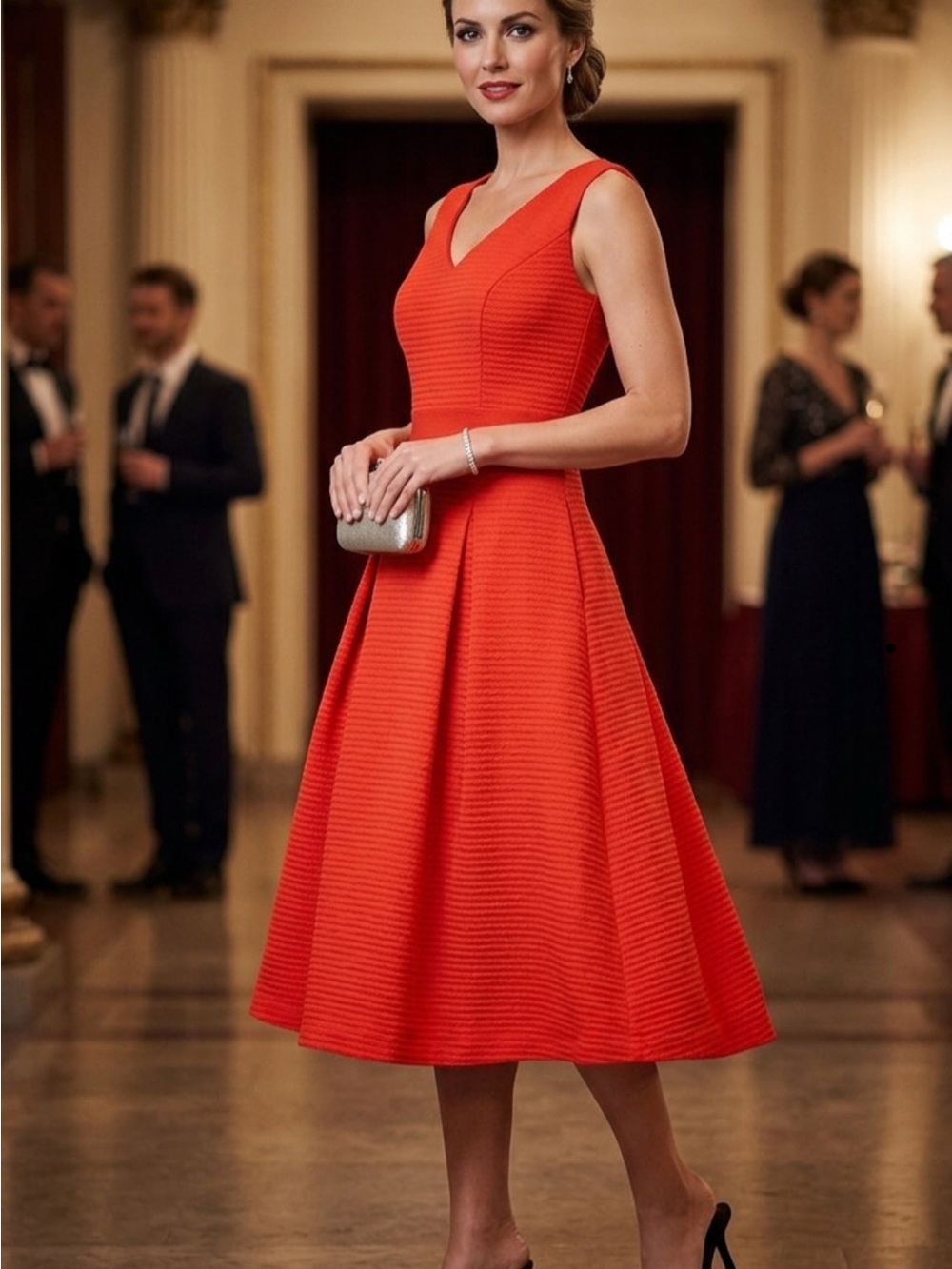 New York & Company Sleeveless V‑Neck Midi Dress in Orange
